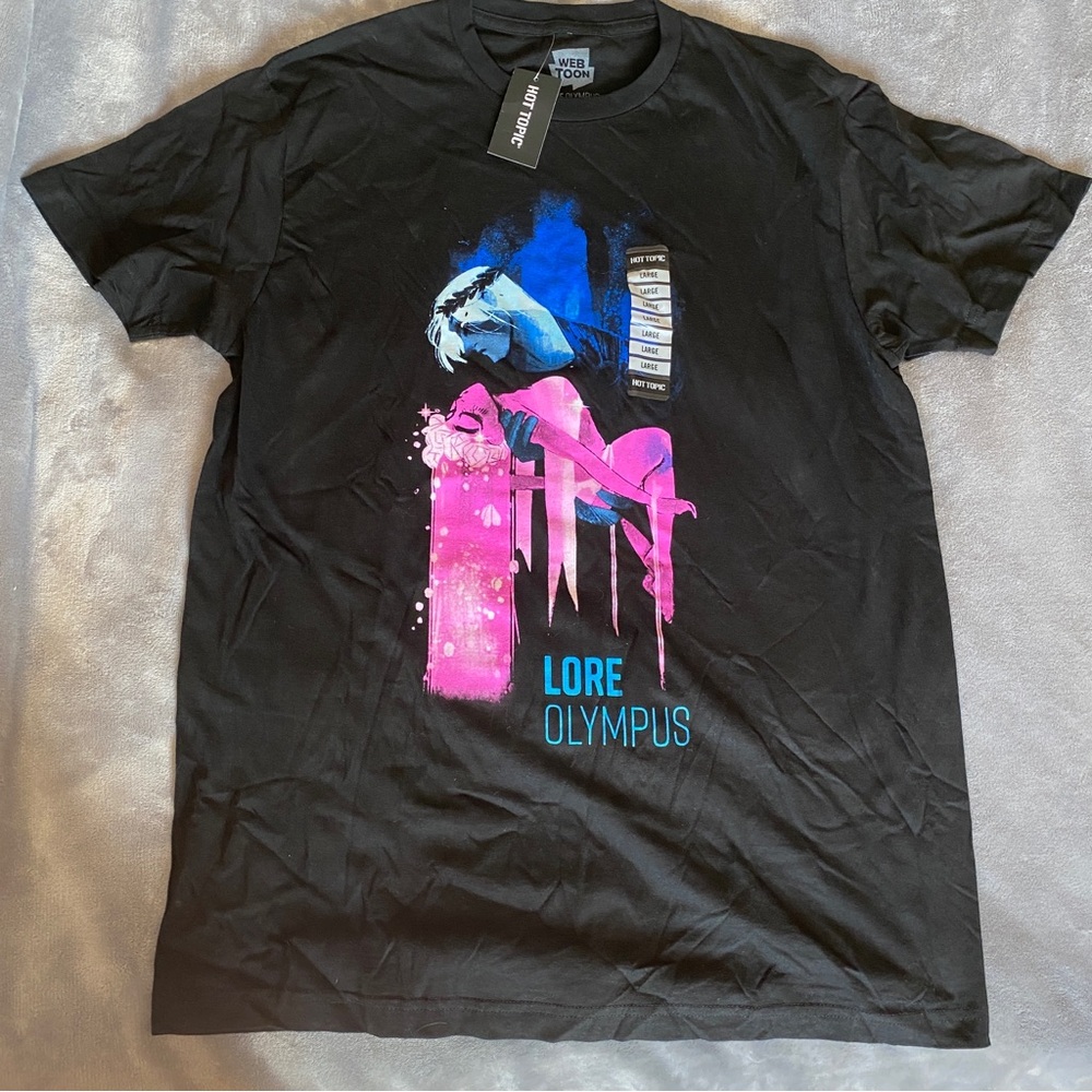 Webtoon Lore Olympus Black Tee with Pink & Blue Graphic